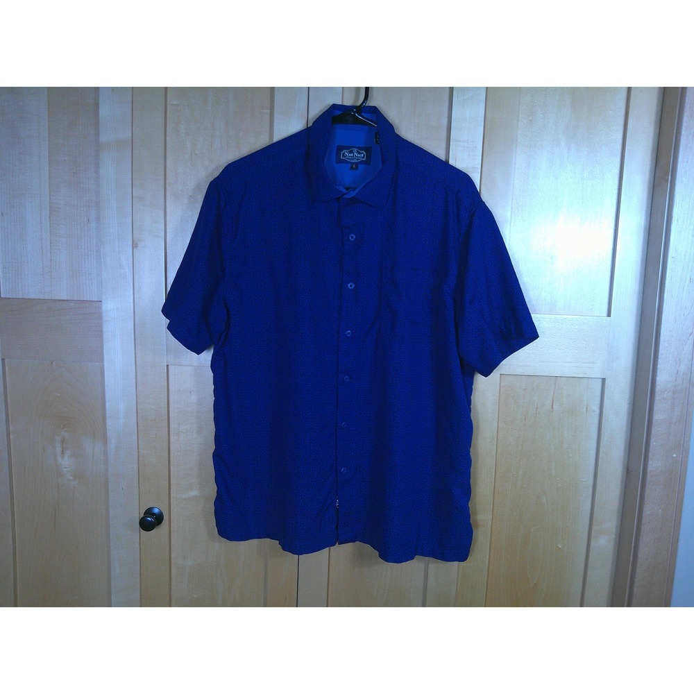 Nat Nast Luxury Originals Mens Large Blue Silk Cotton Short Sleeve Button Shirt